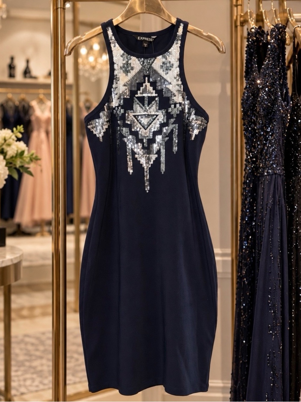 EXPRESS New w Tags Sequin Navy Blue Mini Bodycon Sleeveless Dress XS